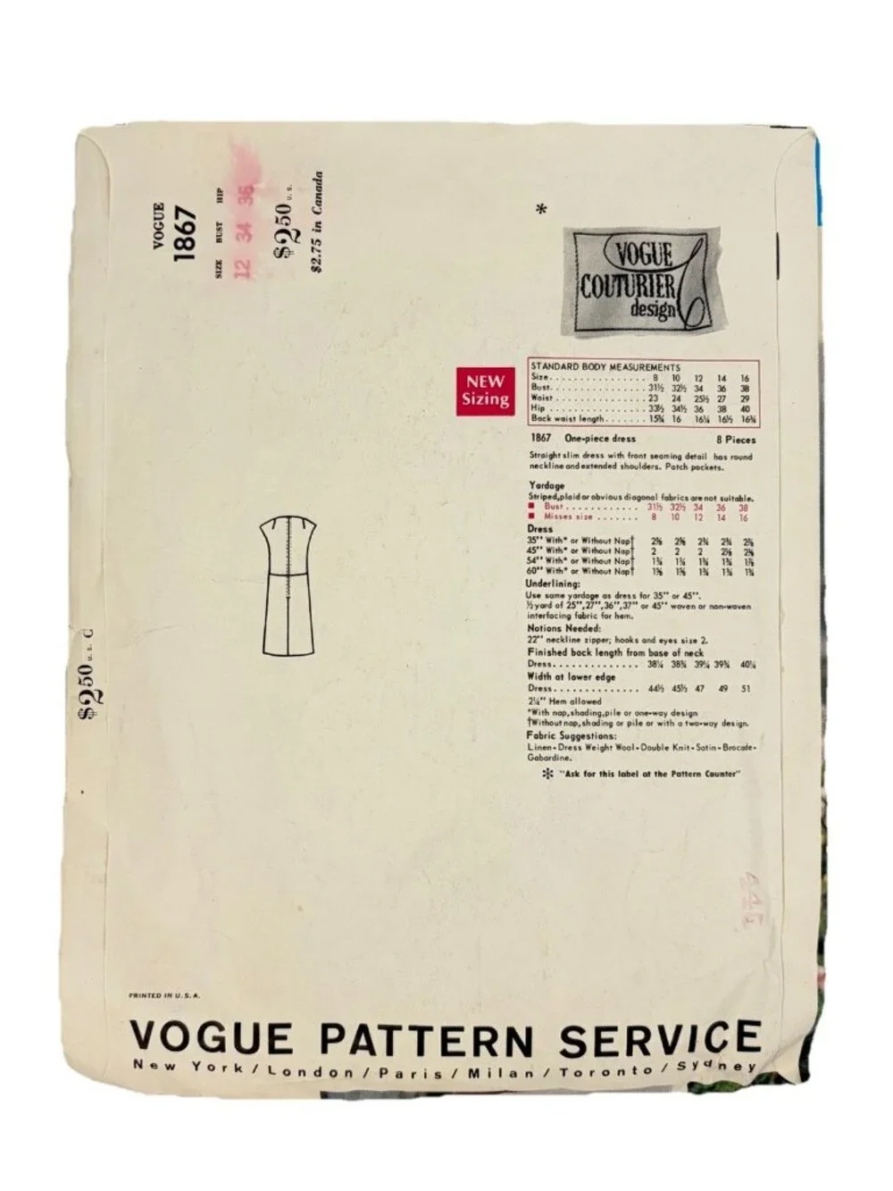 Vogue Couturier Design 1867 FEDERICO FORQUET Mod Sheath Dress Pattern Size 12
